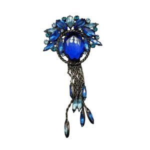 Blue Sapphire Glass Brooch Dangling Chain Blue Rhinestones Gray Metal Setting